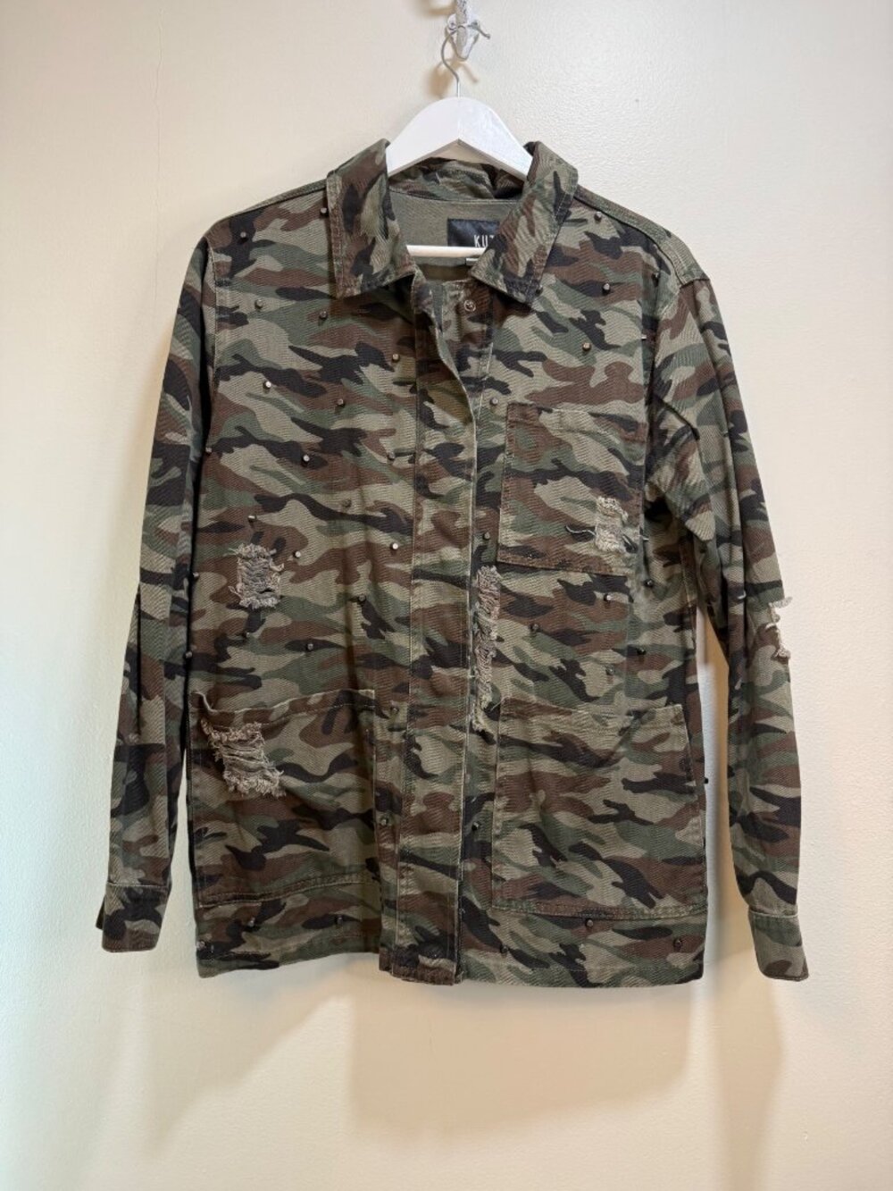 Camo Studded Army Military Grunge Distressed Punk Streetwear Jacket Large